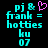 Pixelated cyan text on black background with pink heart symbol above 'pj & frank = hotties ku 07' text block.