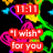 Animated icon with colorful abstract shapes, red text boxes displaying '11:11', 'I wish', and 'for you', and a pink heart shape over black background.