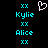 Pixelated cyan text and symbols on black background with a white heart-shaped icon above the names.