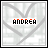 25 identical square icons with a light gray heart pattern background and the word 'ANDREW' in black pixelated text at center
