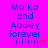 A static image with bright pink background displays blue text "Marko and Abbey forever" followed by ten exclamation marks and a red heart symbol.