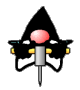 Animated icon of a black and white star-shaped figure with pink sphere head, gray body, yellow accents, and pointed tail on light gray background.