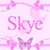 Pixelated pink text 'Skye' on light pink background with pink and purple butterfly motifs.
