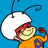 Pixelated cartoon character with red hair and yellow face wearing orange outfit holding white balloon against blue background