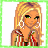 Pixelated cartoon-style icon of a blonde woman with green eyes, wearing striped top and earrings, holding hand near face.