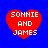 Four red heart shapes with white text "SONNIE AND JAMES" on a blue background, arranged in a