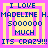 Pixelated text in blue on yellow and pink layered squares reads "I LOVE MADELINE H. 5000000 MUCH ITS CRAZY!!!" across four identical