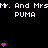 Black background with repeated white text 'Mr. And Mrs. PUMA' and pink heart symbols in varying vertical stacks.
