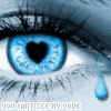 identical blue eyes with heart-shaped pupils, each eye has a single blue teardrop and the text "YOU CAN'T SEE MY LOVE" below it