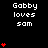Pixelated text 'Gabby loves sam' repeated across black background with red heart symbols in varying quantities and positions.