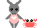 A 4x3 contact sheet of pixel art frames showing a gray rabbit in a pink swimsuit holding a red crab, with varying expressions and poses across sampled animation frames.