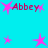 Cyan background with pink star shapes and red text reading "Abbey" in pixelated font, arranged in a pattern