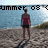 Pixelated beach scene with a person in red top and dark shorts standing on sand, blue water background, black text reading 'SUMMER 08' at top.
