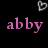 Pixelated text 'abby' in pink, blue, and green appears with three white heart outlines on a black background.