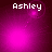 Pixelated text 'Ashley' appears above a shifting pink and purple gradient background with moving light effects.