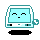 Pixelated light blue computer monitor with a face, showing multiple expressions including closed eyes, smiling, and tongue-out, with a small plus sign on the right side.