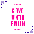 Pixelated pink text 'GRYS ONTH EMUM' arranged in three with small star and dot motifs on white background
