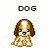 Pixelated dog icon with brown and white fur, black eyes, and a small nose; text above reads 'DOG' on left side.