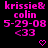 Pixelated pink text on black background with animated heart and arrow symbols above repeated 'krissie&colin' names, dates, and '<33' emoticons.