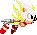 Pixelated character with yellow spiky hair, black eyes, red shoes, and gray accents in six sequential poses showing motion.