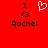 Red background with black text and symbols: 'I', '<3', 'Rachel' on both sides, and a white pixelated heart symbol in the center.