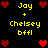 Pixel art displays yellow text 'Joy + Chelsey bfll' with red heart symbols on black background, showing animation changes in heart positions and counts.