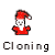 Animated contact sheet showing 25 sequential frames of a Santa-like character cloning process with increasing transparency and repetition across rows.