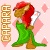 Pixelated character with red hair and green dress holding white object, repeated in with pink diamond background and vertical text