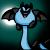 A 4-frame animated contact sheet of a pixelated blue dragon-like creature with black wings and red eyes against a teal background, showing subtle mouth and wing position changes across frames.