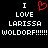 Static pixel art displays 'I ❤️ LARISSA WOLDORF!!!!!!' in white text on black background with red heart symbol.