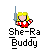 Pixel art character with blonde hair and red outfit holding a sword, with text below changing across frames.