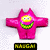 Pink cartoon character with yellow face and green mouth, standing with arms outstretched, text below changes color across frames.