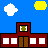 Pixelated animation of school buildings burning with yellow suns and white clouds in a blue sky, ending with "SCHOOLS OUT!!!" text.