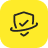 Yellow circular icon with black outline of a shield containing a checkmark and a curved line below it.