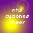 Pixelated text 'whs cyclones cheer' on a purple-yellow gradient background with shifting light effects.