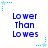 Blue pixelated text 'Lower Than Lows' repeated in a with light blue star and dot corner decorations on white background