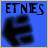Blue square icon with black text 'ETNIES' and a blurred black graphic, where the 'T' in 'ETNIES' cycles through yellow highlight in each frame.