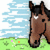Pixelated horse head with brown coat and black mane against blue sky with white clouds, green grass foreground, and small colored squares.
