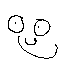Pixelated black-and-white cartoon face with two circular eyes and a curved smile, transitioning from upright to inverted eye shapes.