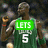 A green jersey with 'LETS' text, a basketball player holding a trophy, and another player covering their face.
