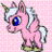 Pixelated pink unicorn with white mane and tail, blue eye, golden horn, standing on green base against light pink background with 'Baby Uni' text.