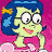 Animated contact sheet of a cartoon character with blue hair and glasses in six poses against pink background, including standing, leaning, and upside-down positions.
