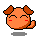 Pixelated orange character with brown ears and tail, closed eyes, red cheeks, and a gray shadow base.
