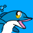 Pixelated blue dolphin with yellow eye accent, pink mouth, white underbelly, and dark fins against solid light blue background.