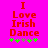 Bright pink background with red text reading "I Love Irish Dance" and five small flower icons below, two green flowers on the left side of a brown flower in the center.