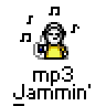 Pixel art animation of a character with headphones holding an MP3 player, surrounded by musical notes and text reading 'mp3 Jammin' on gray background.