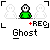 Pixelated green figure with white face and black eyes, displayed in multiple positions with varying background elements and text labels