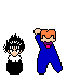 Pixel art avatar set showing two characters in various poses: one with black spiky hair and white collar, the other with orange hair and blue outfit, on gray background.