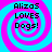 Four identical display 'Alizas LOVES Dogs!' text over a blue and pink spiral background with pixelated text