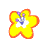 A static pixelated flower icon with a yellow center, orange-red outline, and multicolored pixel cluster at the top.